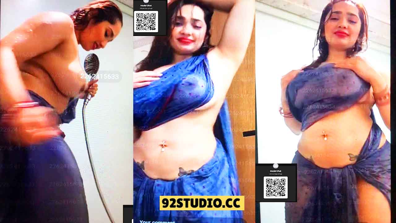 Aditi Mistry Nude Boobs Nipples Expose in Transparent Wet Blue Saree Live